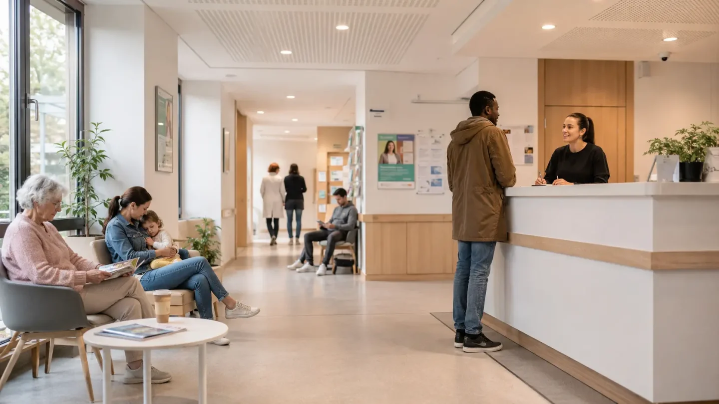 Accueil et salle d’attente d’un centre de santé polyvalent dans le Grand Est, illustrant l’accès aux soins de proximité et l’exercice coordonné entre usagers et professionnels.