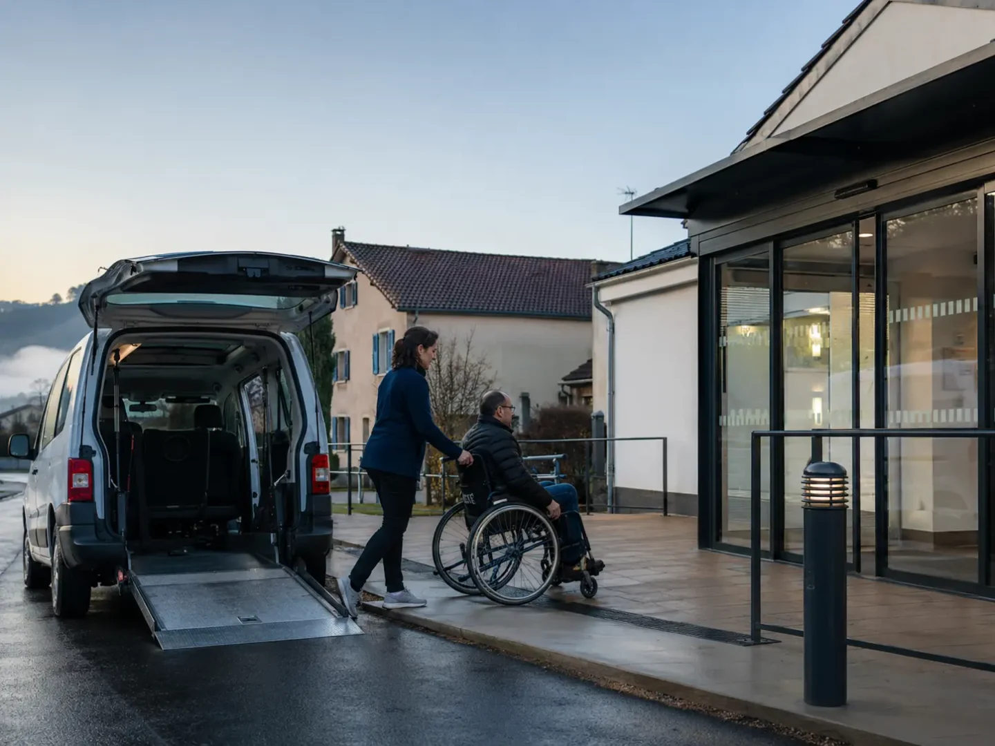 Personne en fauteuil roulant accompagnée vers un établissement de santé accessible après un transport adapté.