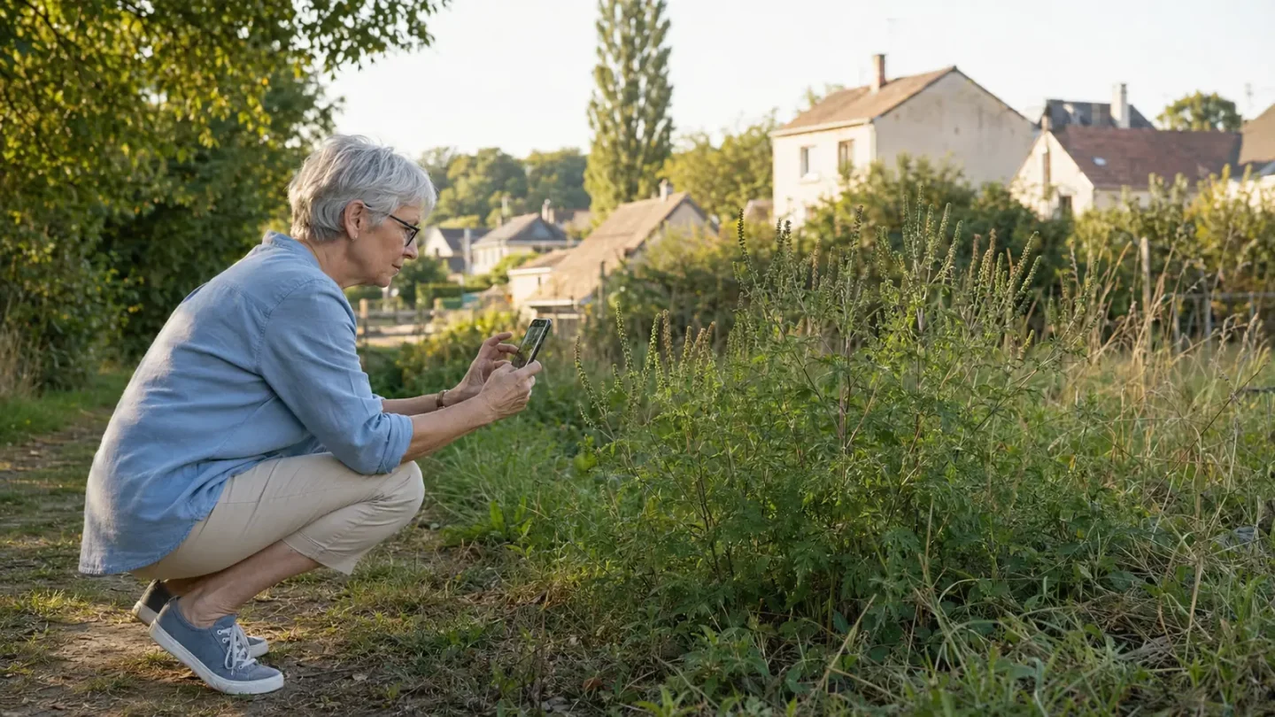 Une femme photographie des plants d’ambroisie au bord d’un chemin dans le Grand Est afin de les signaler.