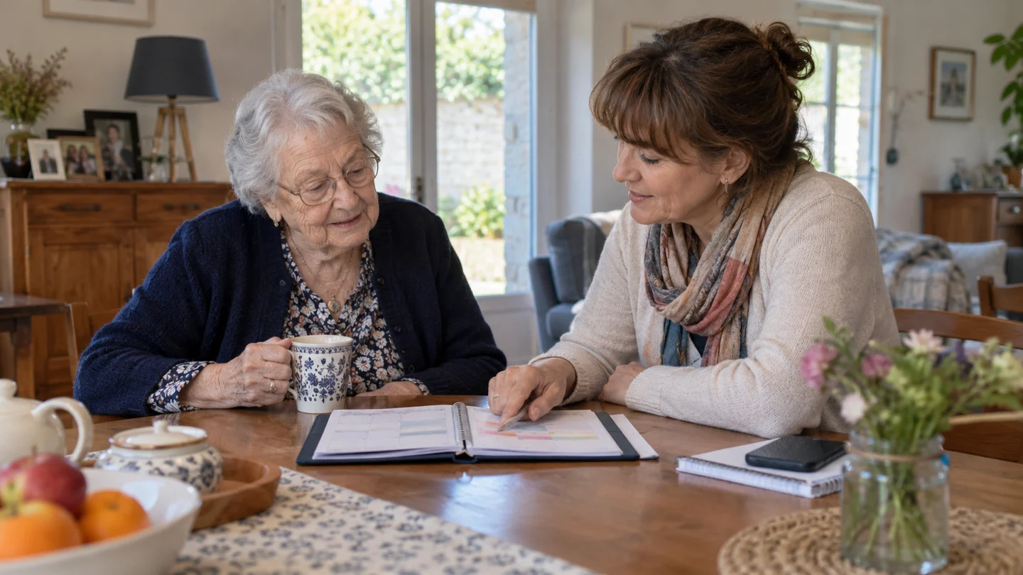 Une femme âgée et une accompagnante consultent ensemble un planning d’aide à domicile autour d’une table.