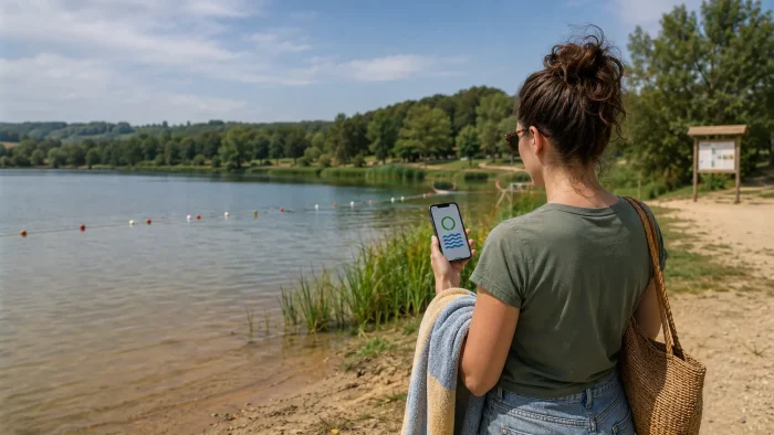 Une usagère vérifie la qualité de l’eau avant de se baigner dans un lac du Grand Est