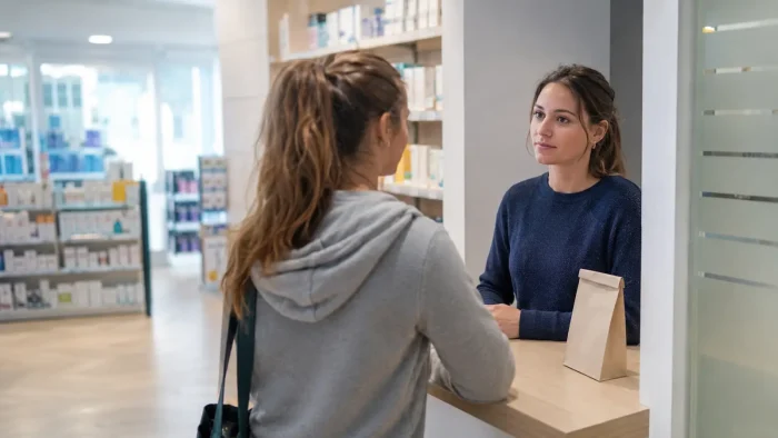 Une jeune femme échange de manière confidentielle avec une pharmacienne dans un espace d’accueil discret.