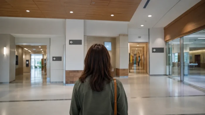 Usagère de dos dans le hall d’un établissement de santé, face à plusieurs directions, pour illustrer le choix d’une démarche après une prise en charge