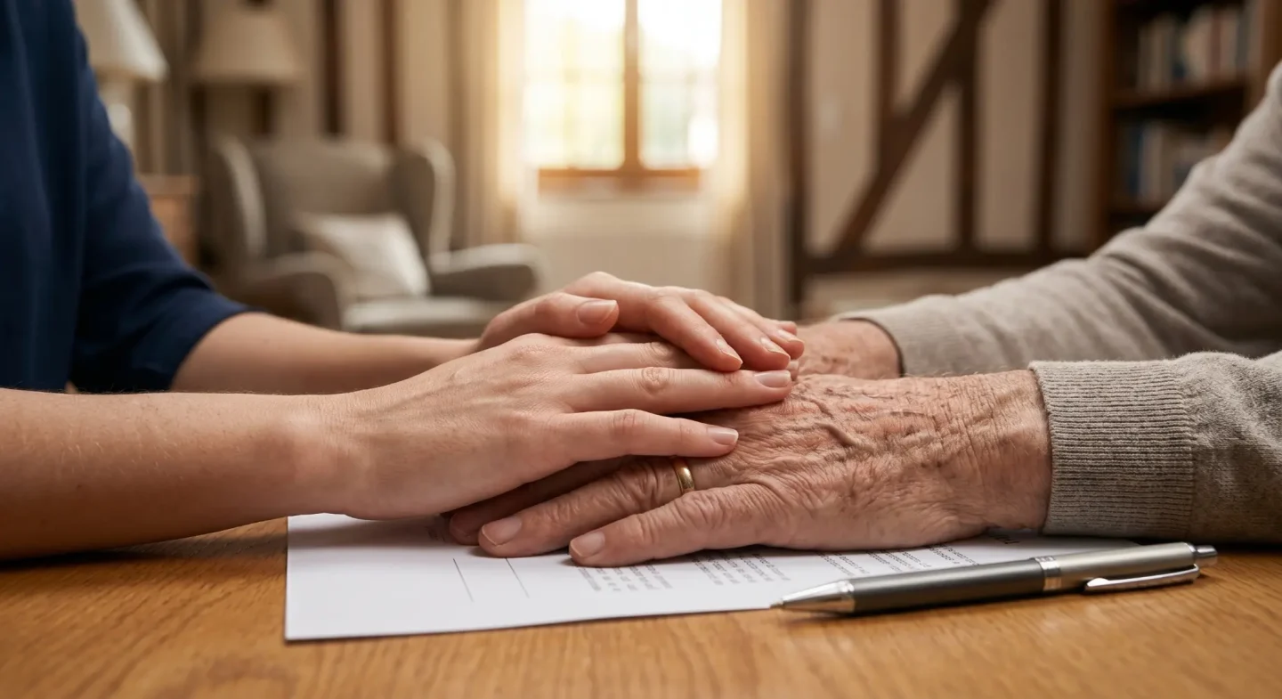 Mains d’une personne âgée accompagnée par un proche lors de la rédaction de directives anticipées, pour garantir le respect de ses volontés médicales.