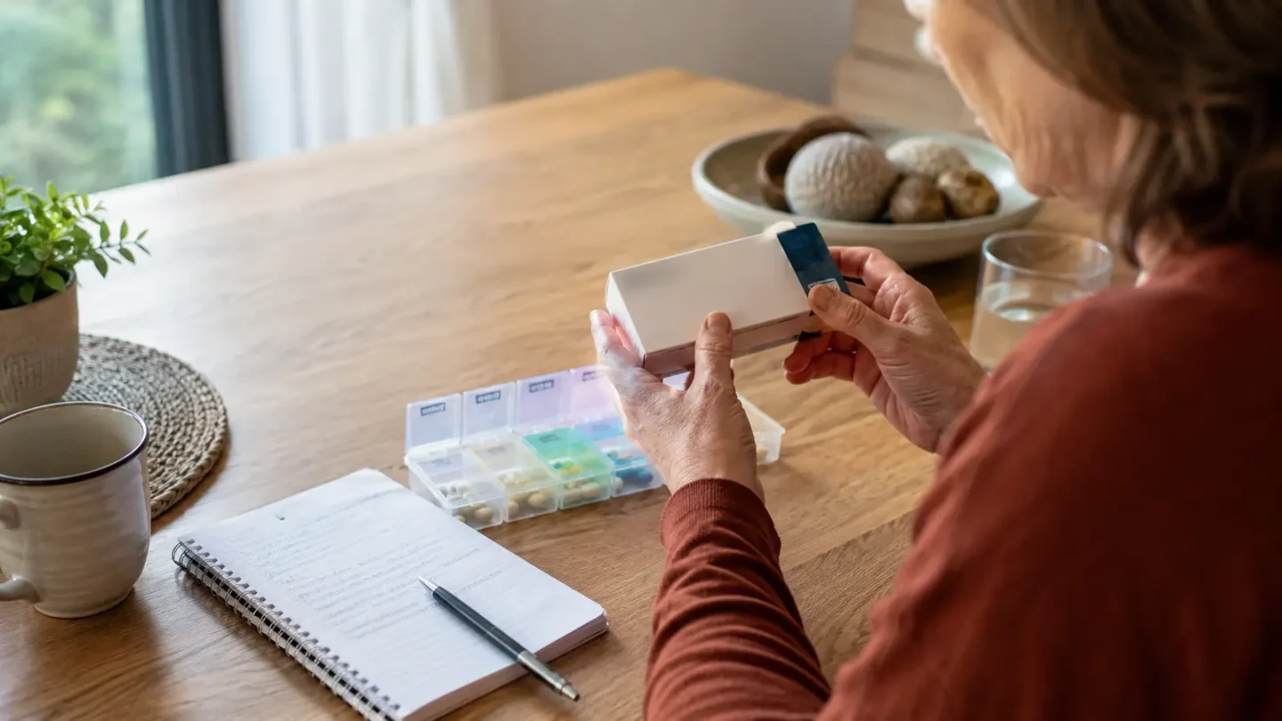 Une personne vérifie une boîte de médicament, un pilulier et sa liste de traitement sur une table.
