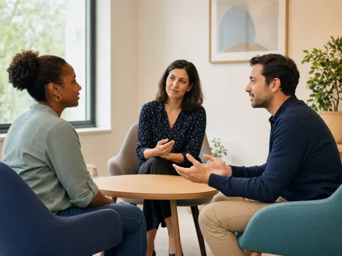 Une usagère échange avec un professionnel de santé en présence d’une interprète professionnelle.