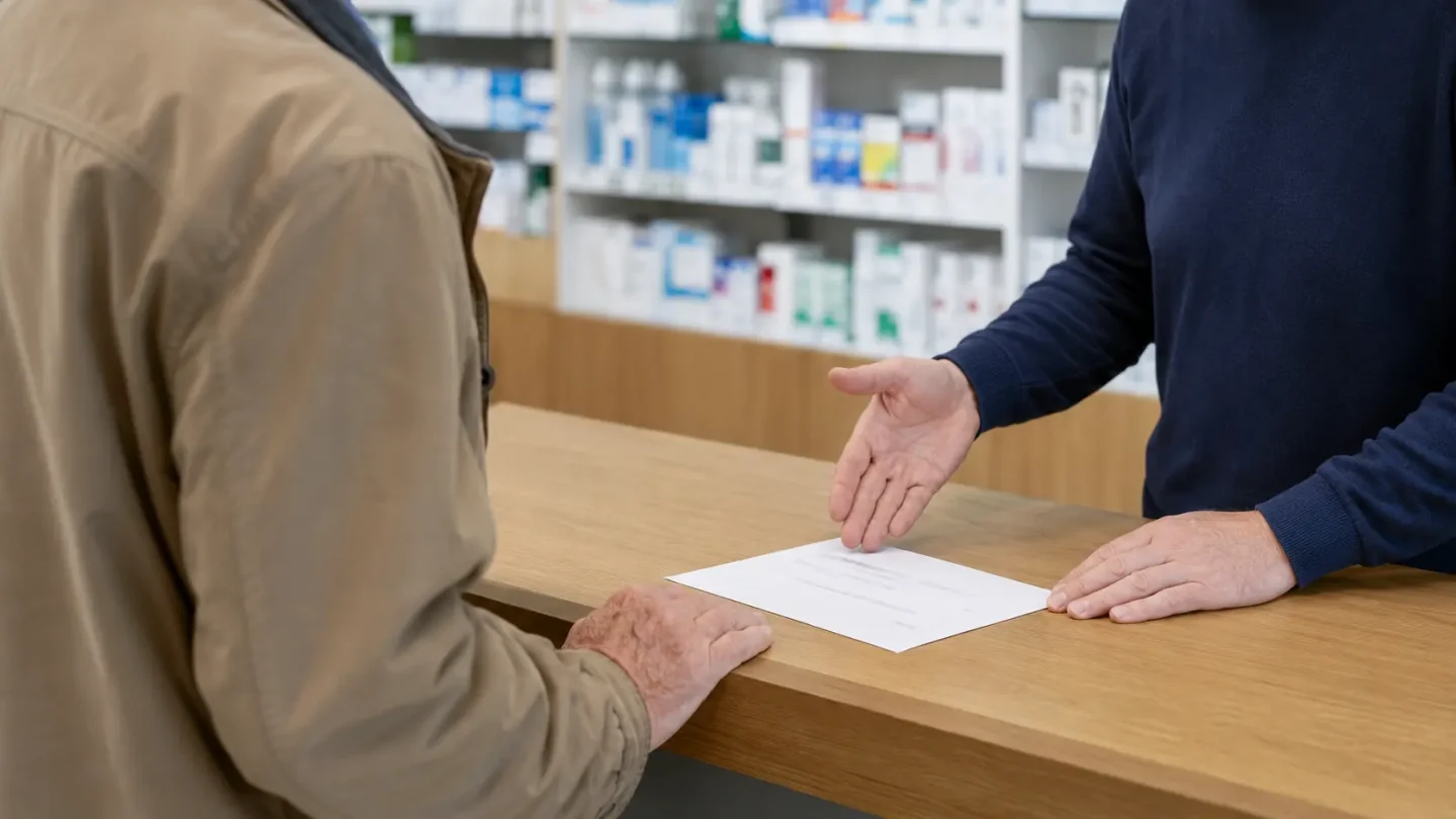 Un homme âgé échange avec un pharmacien autour d’une ordonnance posée sur le comptoir d’une officine.