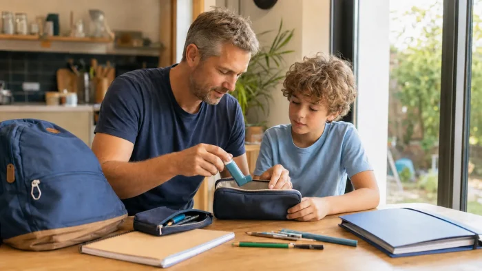 Un père et son fils préparent une trousse contenant un inhalateur avant la rentrée scolaire.