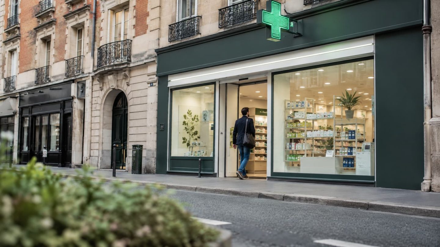 Façade d’une pharmacie d’officine en centre-ville, illustrant l’accès aux soins de proximité dans le Grand Est.