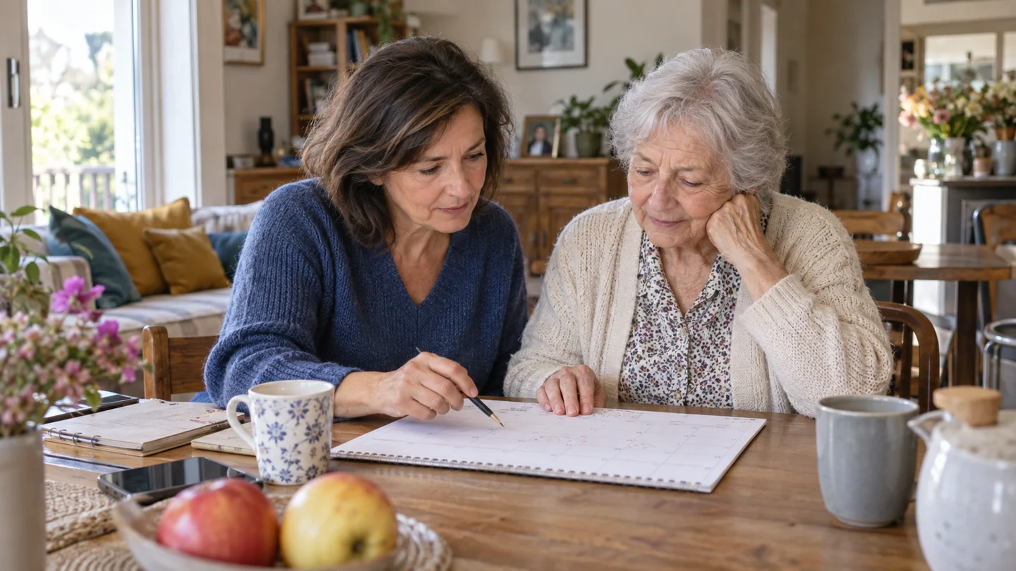 Une femme adulte accompagne un proche âgé à domicile autour d’un planning de rendez-vous et de médicaments.