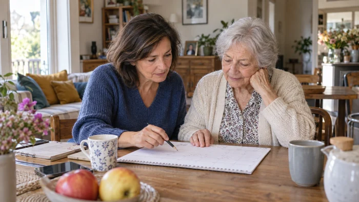 Une femme adulte accompagne un proche âgé à domicile autour d’un planning de rendez-vous et de médicaments.