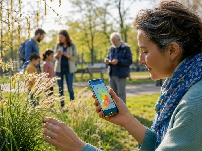 Citoyenne sentinelle observant les pollens dans un parc du Grand Est avec l’application Pollin’Air