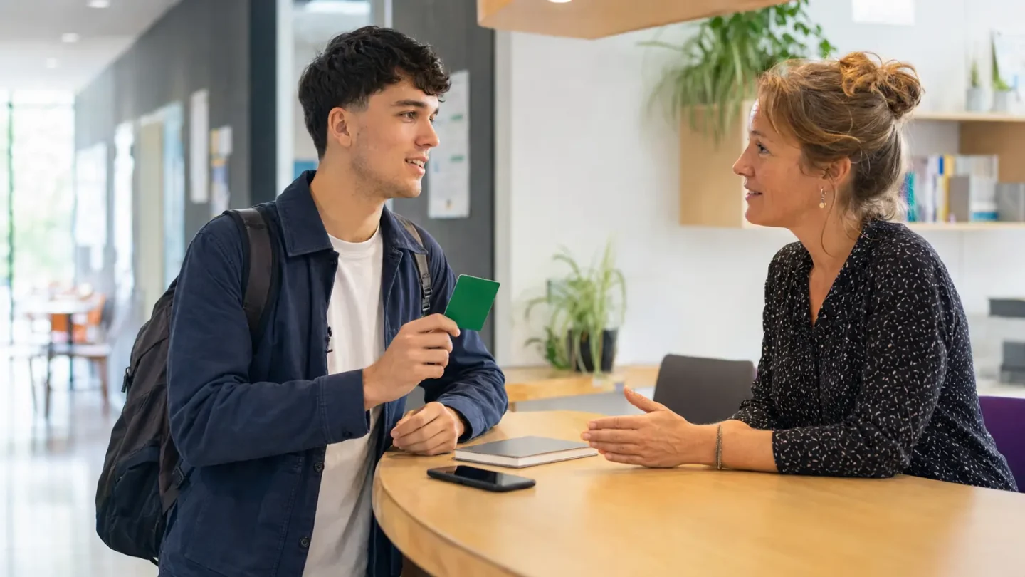 Un étudiant échange avec une professionnelle d’un service universitaire pour savoir où se faire soigner dans le Grand Est.