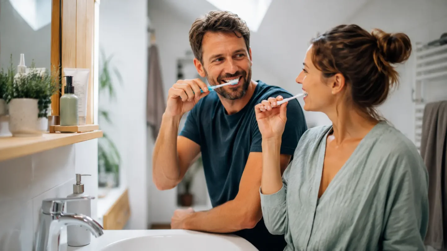 Un couple se brosse les dents dans une salle de bain lumineuse.