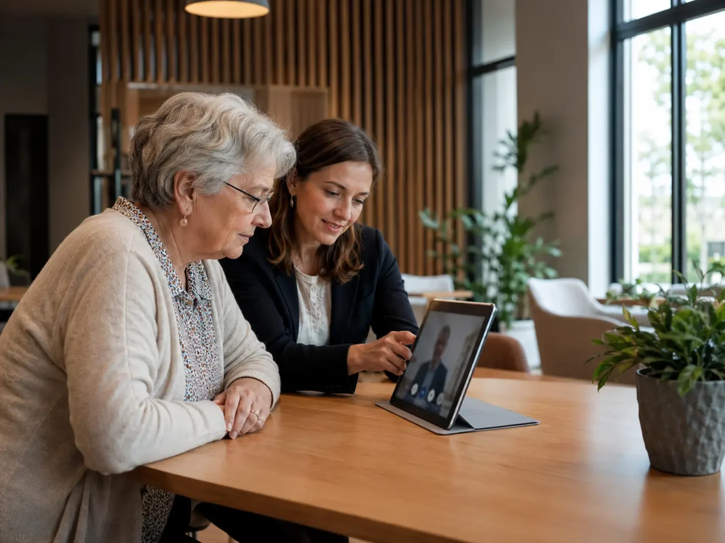 Senior accompagné lors d’une téléconsultation assistée sur tablette dans un espace de santé non clinique du Grand Est.