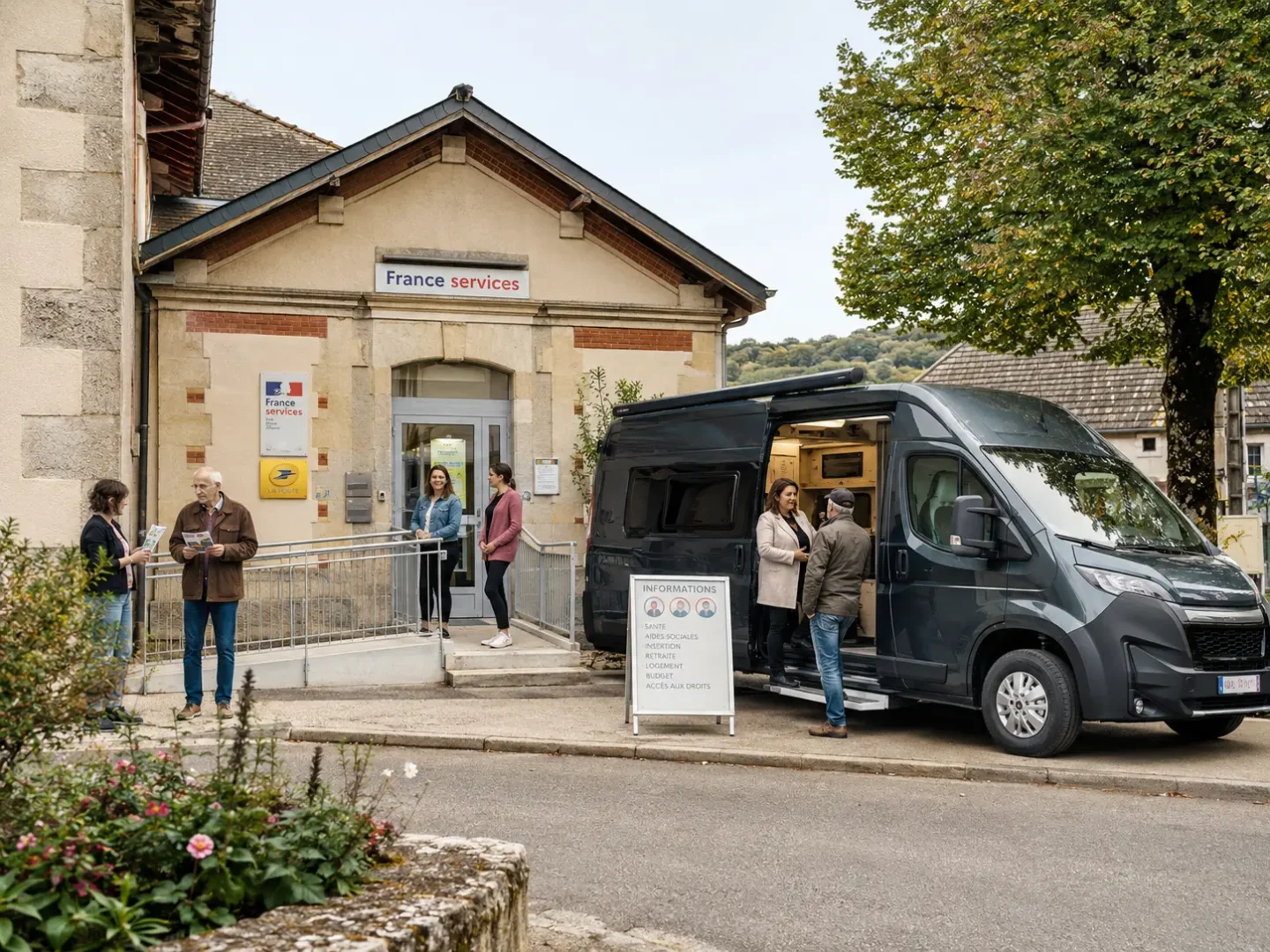 Unité mobile d’accès aux soins et aux services publics devant un espace France Services dans une commune rurale du Grand Est.