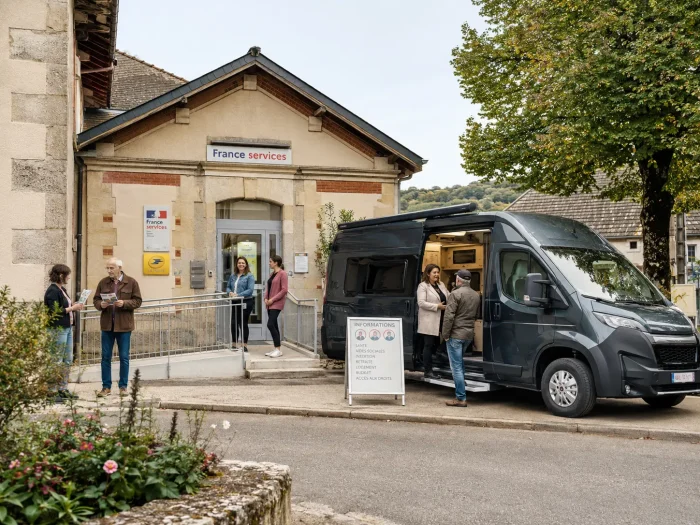Unité mobile d’accès aux soins et aux services publics devant un espace France Services dans une commune rurale du Grand Est.