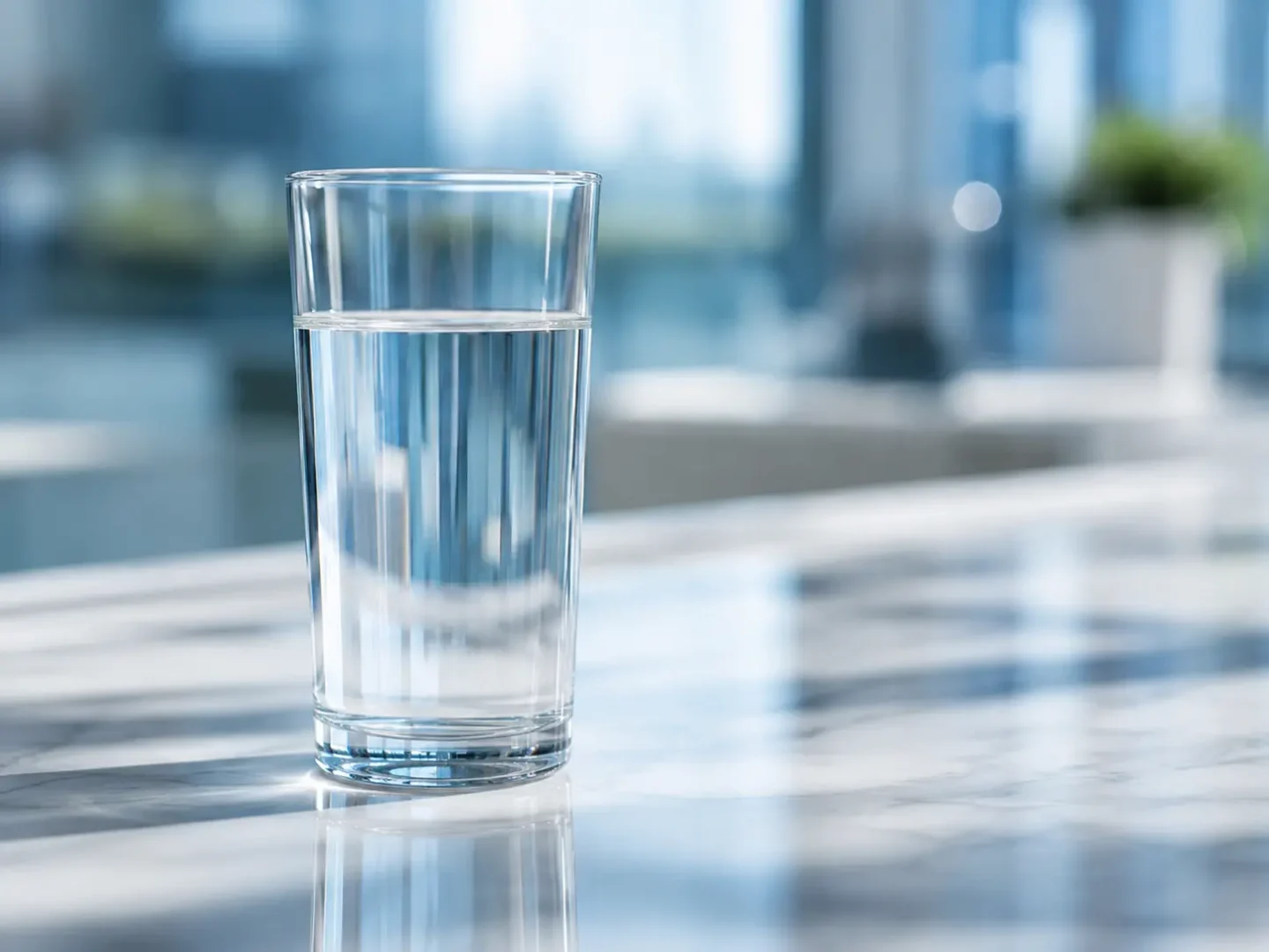 Verre d’eau claire posé sur une surface moderne dans un environnement lumineux, illustrant l’hydratation en période de fortes chaleurs.