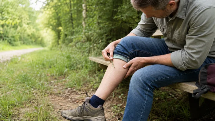 Promeneur retirant une tique de sa jambe avec un tire-tique dans une forêt du Grand Est