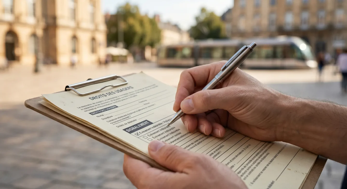 Main remplissant un formulaire de signalement lié aux droits des usagers en santé, pour illustrer la déclaration d’un événement indésirable et la participation citoyenne à la sécurité des soins.